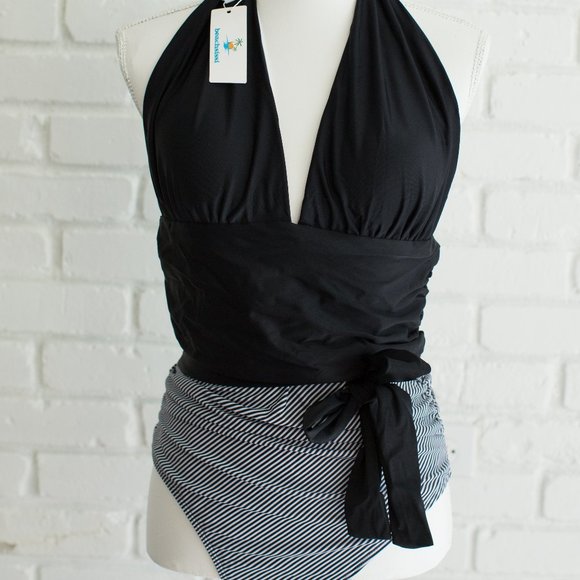 Tankini Swimsuit, with Belt, Stripped and black, XL - Picture 1 of 7